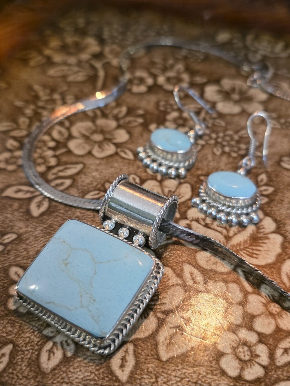 Mexican 925 Silver And Turquoise Vintage Necklace And Earrings Set